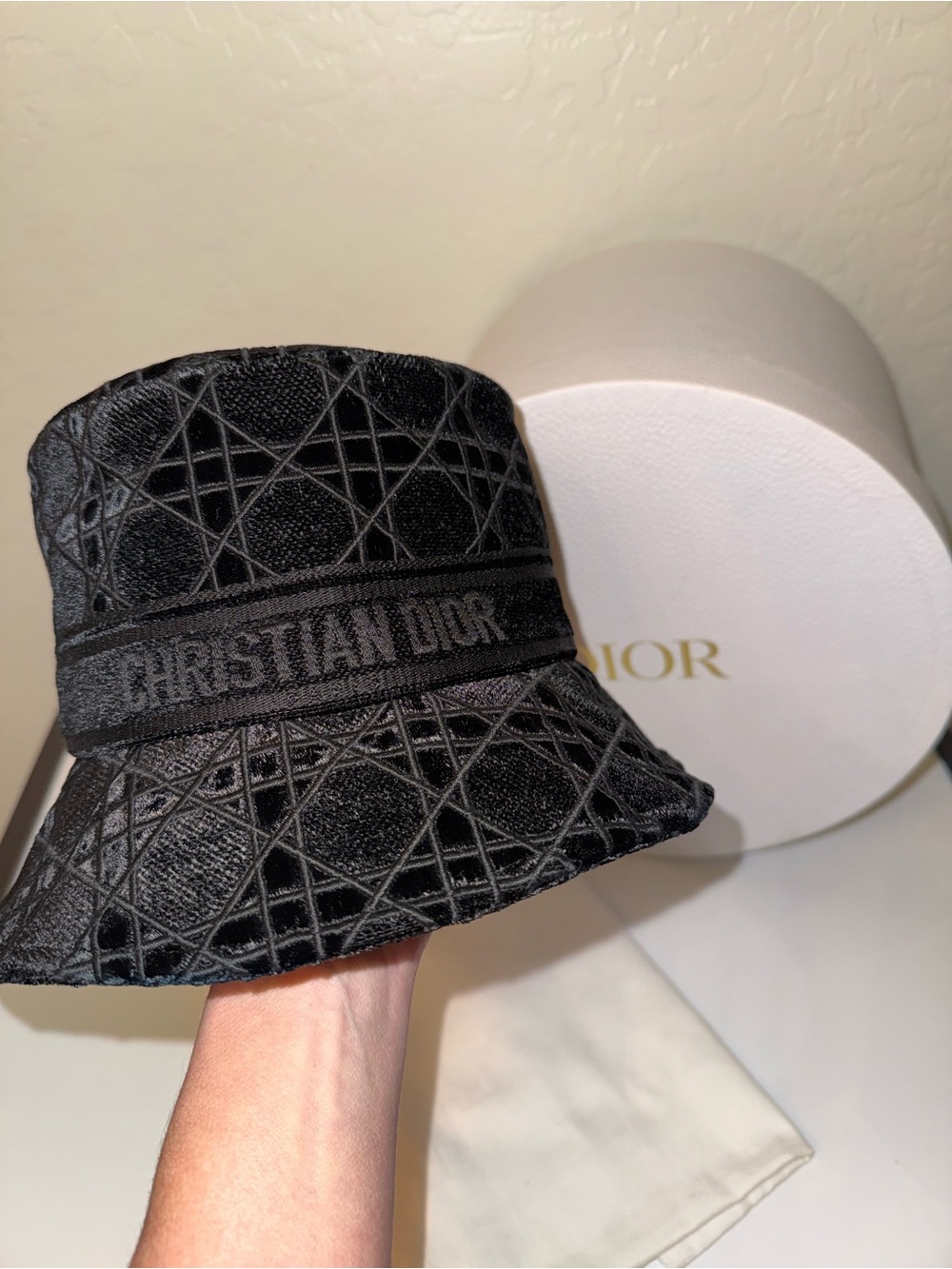 Christian Dior Black Diorama Textured Logo Embroidered Bucket Hat in box